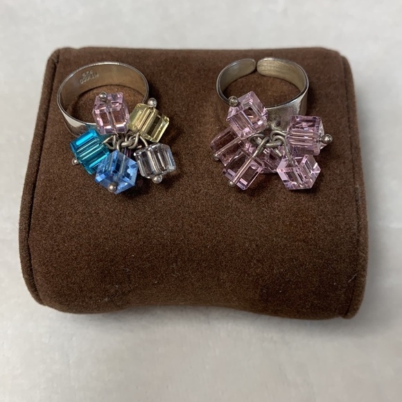 Set of two dangling beaded silver rings pink and multicolored - Picture 2 of 6